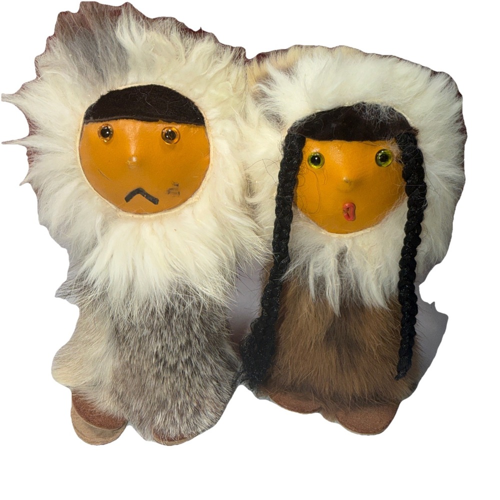 Vintage Eskimo‎ Doll Set Hand Made Fur & Leather 5"